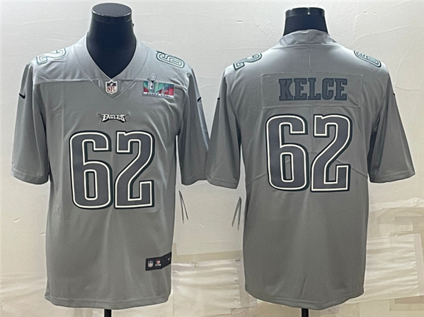 Men's Philadelphia Eagles #62 Jason Kelce Gray Super Bowl LVII Patch Atmosphere Fashion Stitched Jersey